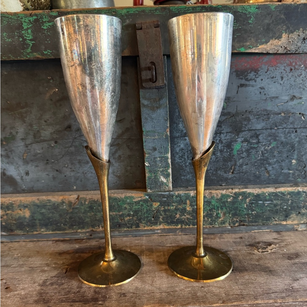 Vintage Silver-plated Brass 2 Tone Champagne Flutes
